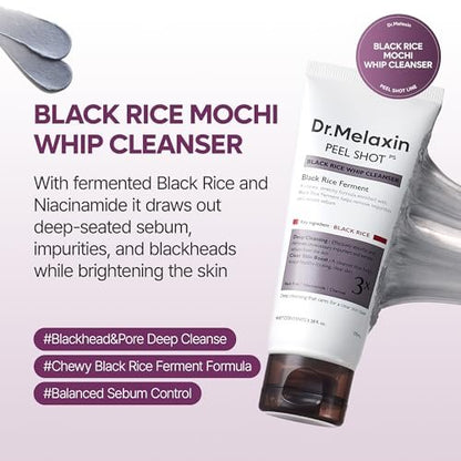 Dr.Melaxin Peel Shot Black Rice Mochi Whip Cleanser – 100ml for Blackheads, Clogged Pores & Dull Skin Avelisse