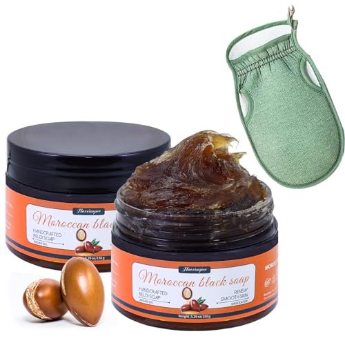 Hoveimpee 2 Pack Organic Moroccan Black Soap – Moisturizing Beldi Soap with Argan Oil & Vitamin C for Even Tone, Fragrance-Free Hammam Kit, 5.29 oz Each Avelisse