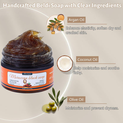 Hoveimpee 2 Pack Organic Moroccan Black Soap – Moisturizing Beldi Soap with Argan Oil & Vitamin C for Even Tone, Fragrance-Free Hammam Kit, 5.29 oz Each Avelisse