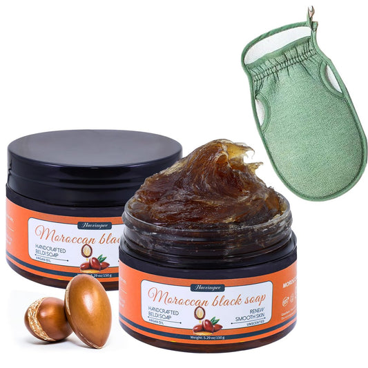 Hoveimpee 2 Pack Organic Moroccan Black Soap – Moisturizing Beldi Soap with Argan Oil & Vitamin C for Even Tone, Fragrance-Free Hammam Kit, 5.29 oz Each Avelisse