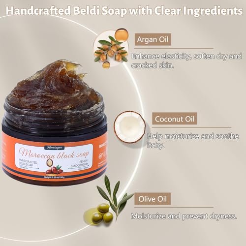 Hoveimpee 2 Pack Organic Moroccan Black Soap – Moisturizing Beldi Soap with Argan Oil & Vitamin C for Even Tone, Fragrance-Free Hammam Kit, 5.29 oz Each Avelisse