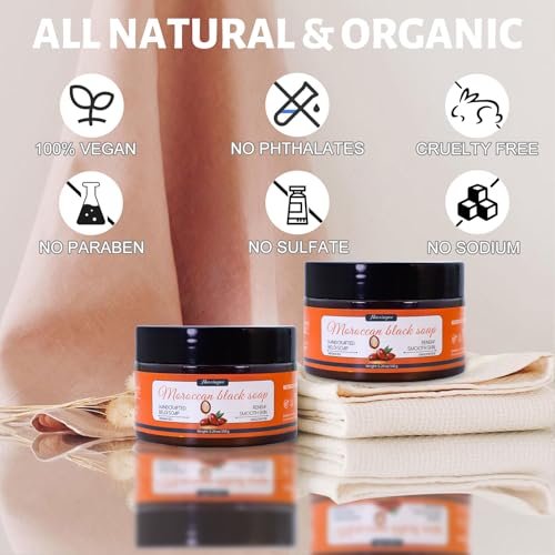 Hoveimpee 2 Pack Organic Moroccan Black Soap – Moisturizing Beldi Soap with Argan Oil & Vitamin C for Even Tone, Fragrance-Free Hammam Kit, 5.29 oz Each Avelisse