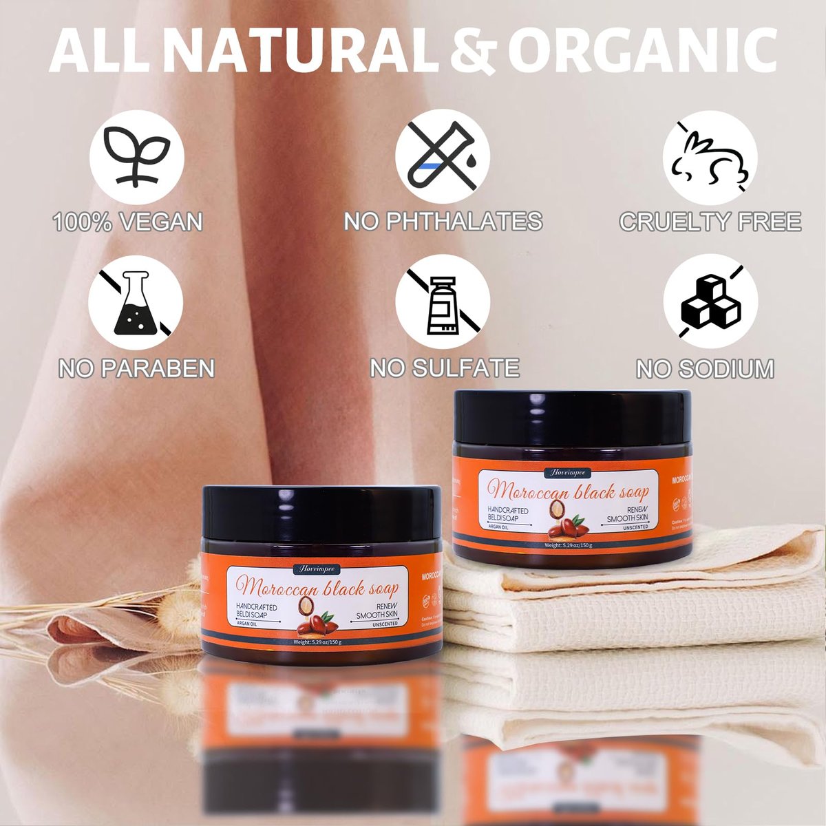 Hoveimpee 2 Pack Organic Moroccan Black Soap – Moisturizing Beldi Soap with Argan Oil & Vitamin C for Even Tone, Fragrance-Free Hammam Kit, 5.29 oz Each Avelisse