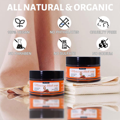 Hoveimpee 2 Pack Organic Moroccan Black Soap – Moisturizing Beldi Soap with Argan Oil & Vitamin C for Even Tone, Fragrance-Free Hammam Kit, 5.29 oz Each Avelisse