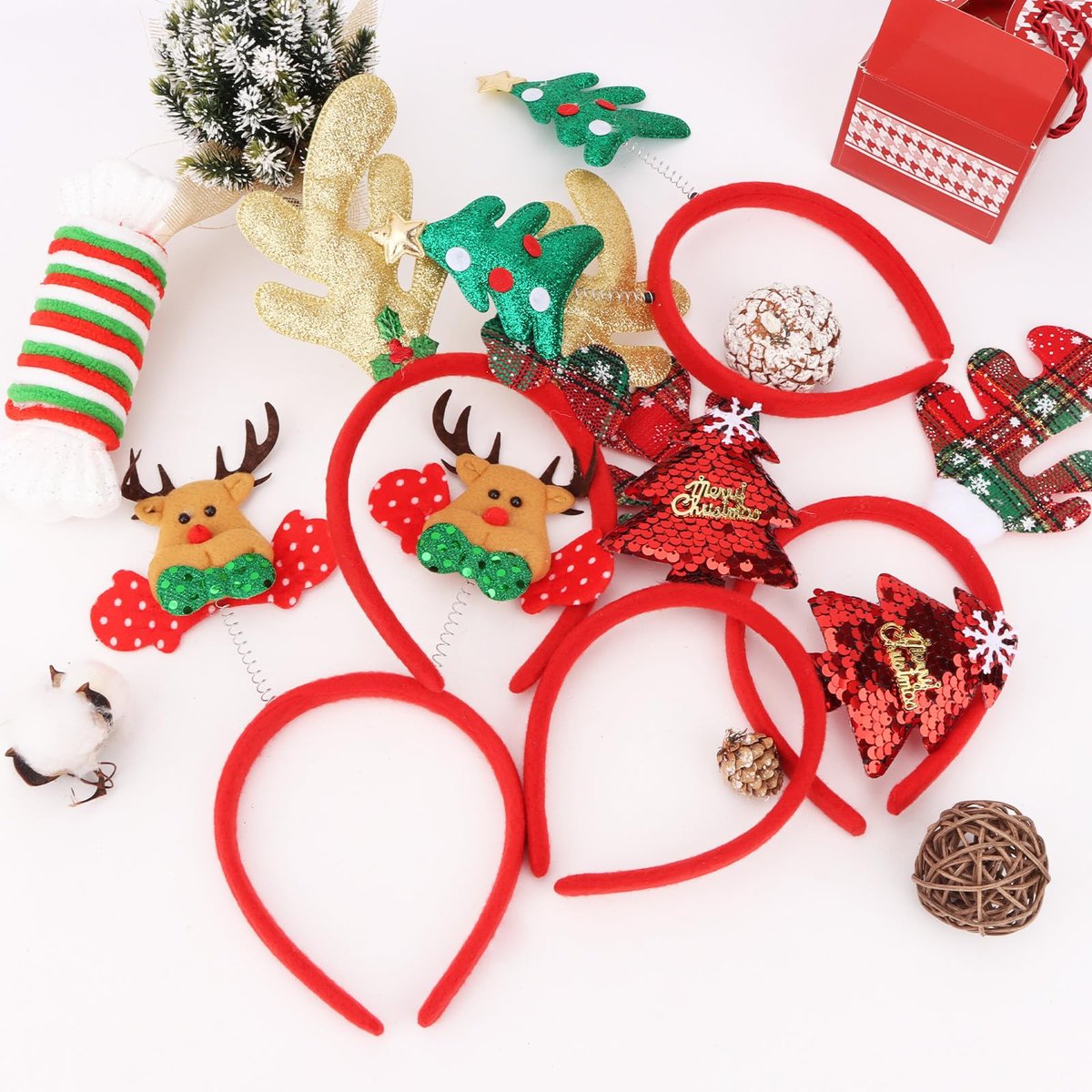 Amariver 12-Pack Christmas Holiday Headbands Set – Festive Party Hair Accessories with Reindeer Antlers, Santa Hat, and Christmas Tree Designs - görsel 13