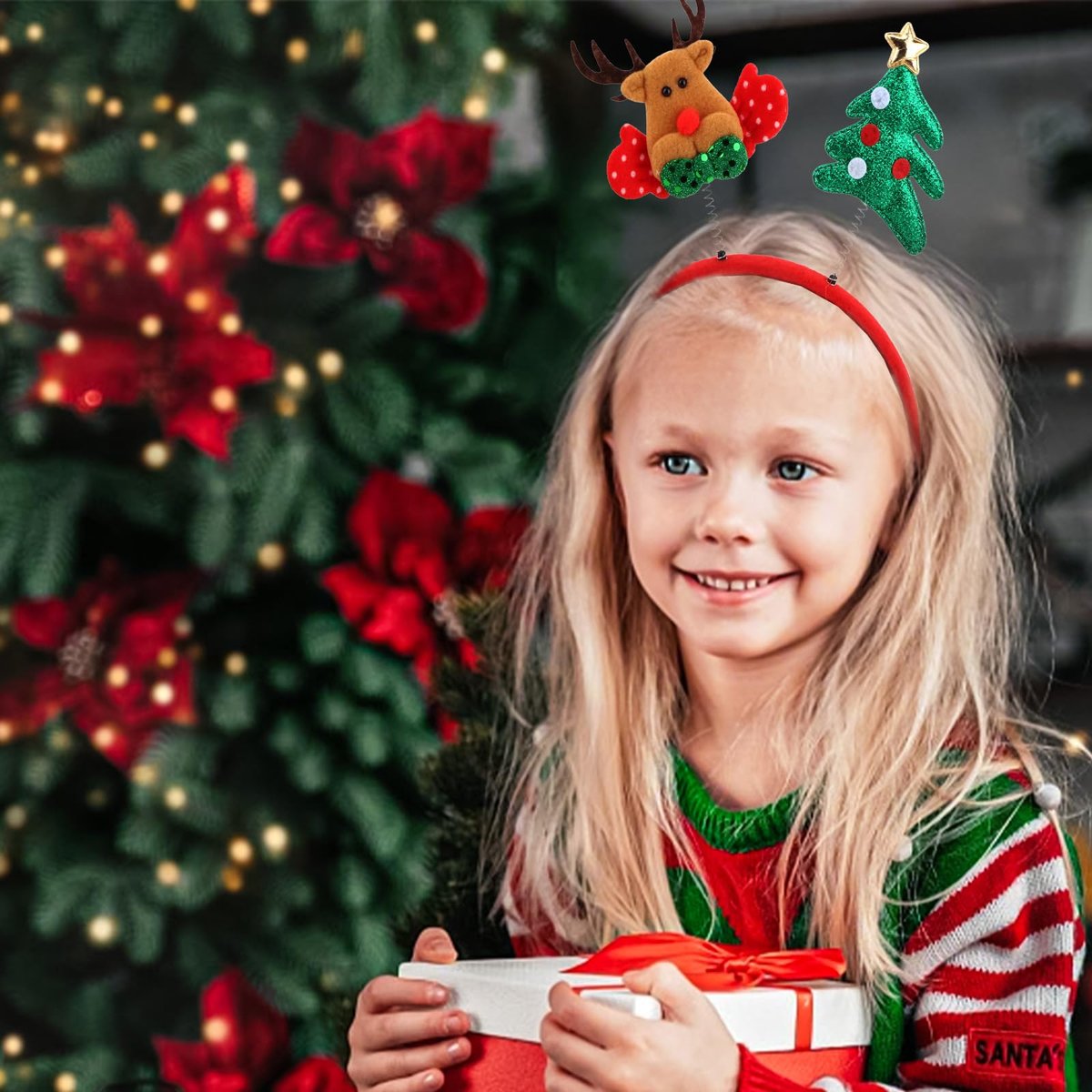 Amariver 12-Pack Christmas Holiday Headbands Set – Festive Party Hair Accessories with Reindeer Antlers, Santa Hat, and Christmas Tree Designs - görsel 11