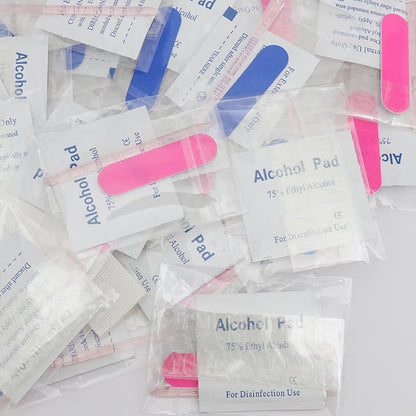 20 Sets Disposable Manicure Kits 4-Piece: Nail File 100/180 Grit, Crystal Stick, Double Sided Nail Adhesives, Polish Remover Pads - Blue & Fuchsia