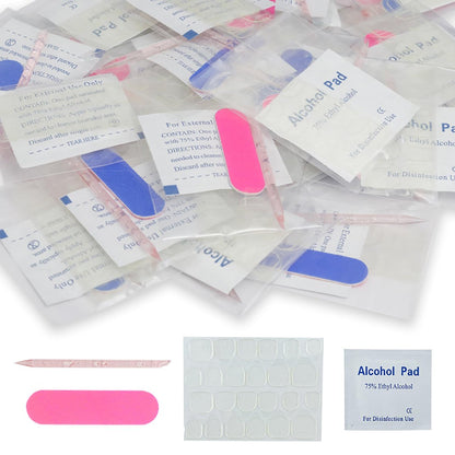 20 Sets Disposable Manicure Kits 4-Piece: Nail File 100/180 Grit, Crystal Stick, Double Sided Nail Adhesives, Polish Remover Pads - Blue & Fuchsia