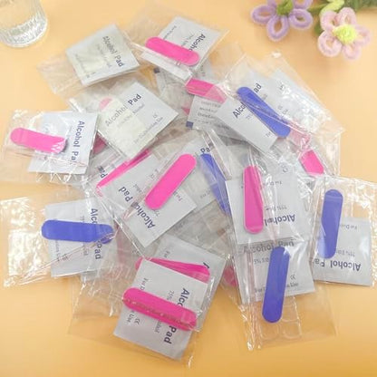 20 Sets Disposable Manicure Kits 4-Piece: Nail File 100/180 Grit, Crystal Stick, Double Sided Nail Adhesives, Polish Remover Pads - Blue & Fuchsia