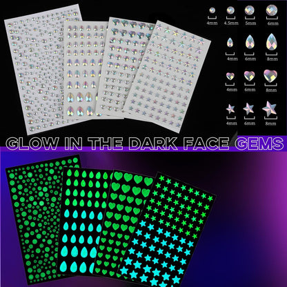 YGDZ Glow in The Dark Body Glitter - Mermaid Face Gems Kit & Hair Glitter Jewels for UV Black Light Parties, Rave Accessories for Women