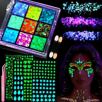 YGDZ Glow in The Dark Body Glitter - Mermaid Face Gems Kit & Hair Glitter Jewels for UV Black Light Parties, Rave Accessories for Women
