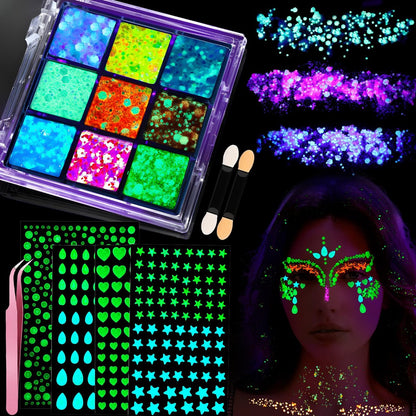 YGDZ Glow in The Dark Body Glitter - Mermaid Face Gems Kit & Hair Glitter Jewels for UV Black Light Parties, Rave Accessories for Women