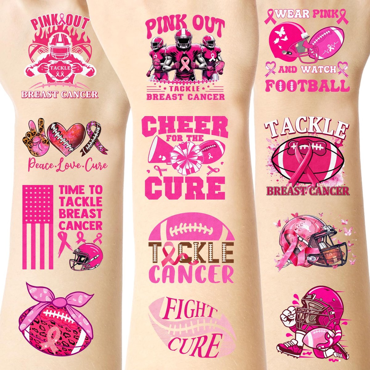 YanZonic 192Pcs Pink Ribbon Breast Cancer Pre-Cut Temporary Tattoos – 16 Sheets, 24 Styles, Pink Out Spirit Week Accessories - görsel 1
