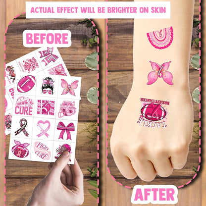 YanZonic 192Pcs Pink Ribbon Breast Cancer Pre-Cut Temporary Tattoos – 16 Sheets, 24 Styles, Pink Out Spirit Week Accessories