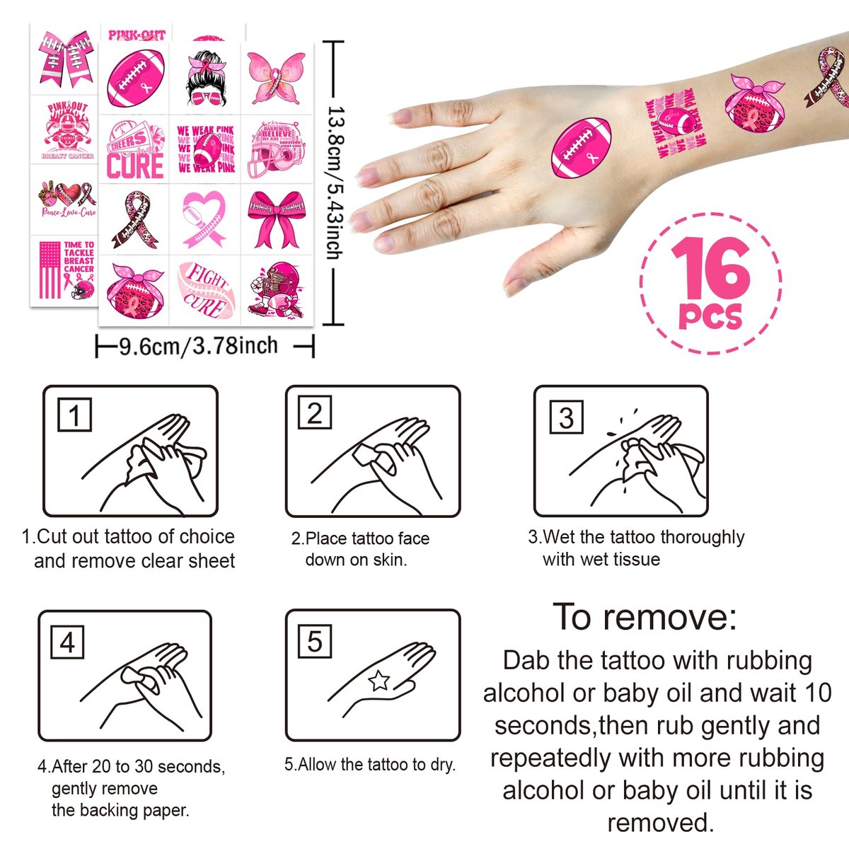 YanZonic 192Pcs Pink Ribbon Breast Cancer Pre-Cut Temporary Tattoos – 16 Sheets, 24 Styles, Pink Out Spirit Week Accessories - görsel 13