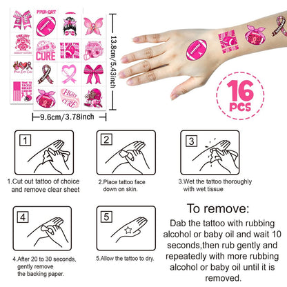 YanZonic 192Pcs Pink Ribbon Breast Cancer Pre-Cut Temporary Tattoos – 16 Sheets, 24 Styles, Pink Out Spirit Week Accessories