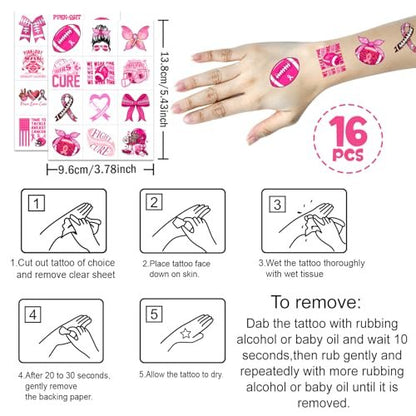 YanZonic 192Pcs Pink Ribbon Breast Cancer Pre-Cut Temporary Tattoos – 16 Sheets, 24 Styles, Pink Out Spirit Week Accessories