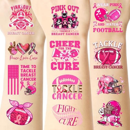 YanZonic 192Pcs Pink Ribbon Breast Cancer Pre-Cut Temporary Tattoos – 16 Sheets, 24 Styles, Pink Out Spirit Week Accessories
