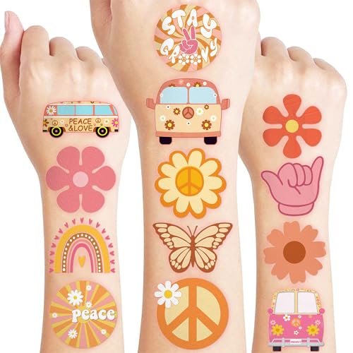 60 PCS Groovy Temporary Tattoos for Kids - Pre-Cut Retro 60s 70s Hippie Theme Birthday Party Favors & Supplies - Rainbow Flower Power Waterproof Stickers for Girls, Boys & School Prizes - görsel 2