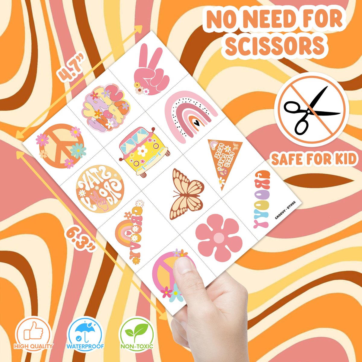 60 PCS Groovy Temporary Tattoos for Kids - Pre-Cut Retro 60s 70s Hippie Theme Birthday Party Favors & Supplies - Rainbow Flower Power Waterproof Stickers for Girls, Boys & School Prizes - görsel 7