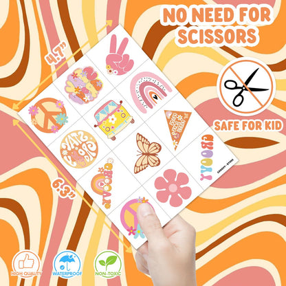 60 PCS Groovy Temporary Tattoos for Kids - Pre-Cut Retro 60s 70s Hippie Theme Birthday Party Favors & Supplies - Rainbow Flower Power Waterproof Stickers for Girls, Boys & School Prizes