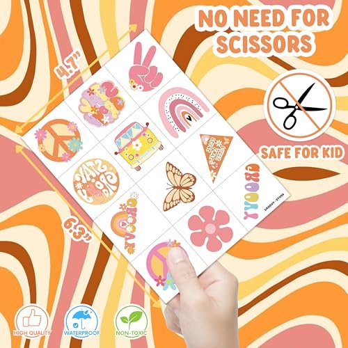 60 PCS Groovy Temporary Tattoos for Kids - Pre-Cut Retro 60s 70s Hippie Theme Birthday Party Favors & Supplies - Rainbow Flower Power Waterproof Stickers for Girls, Boys & School Prizes - görsel 8