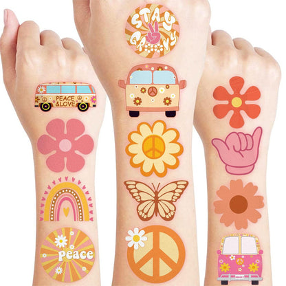 60 PCS Groovy Temporary Tattoos for Kids - Pre-Cut Retro 60s 70s Hippie Theme Birthday Party Favors & Supplies - Rainbow Flower Power Waterproof Stickers for Girls, Boys & School Prizes