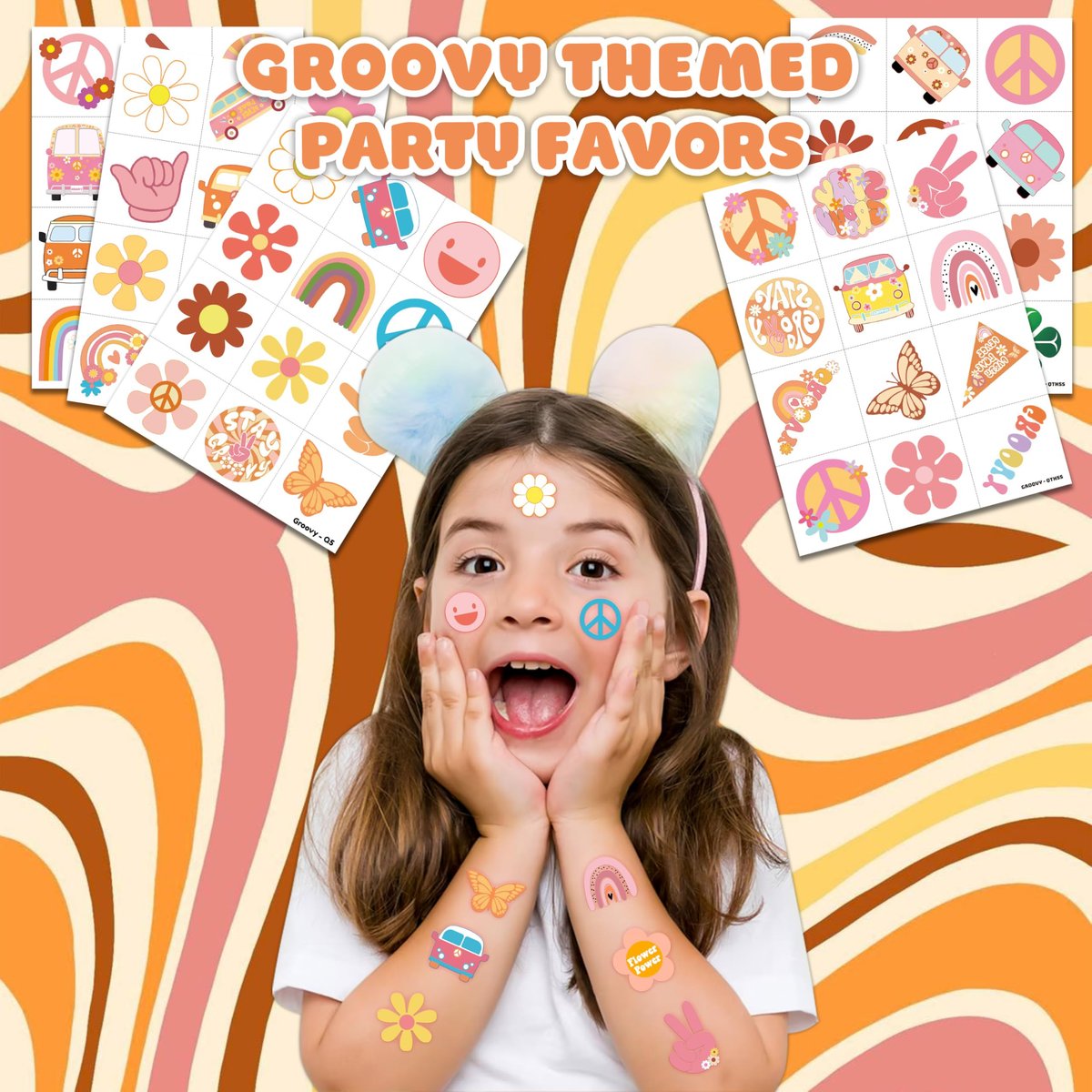 60 PCS Groovy Temporary Tattoos for Kids - Pre-Cut Retro 60s 70s Hippie Theme Birthday Party Favors & Supplies - Rainbow Flower Power Waterproof Stickers for Girls, Boys & School Prizes - görsel 3