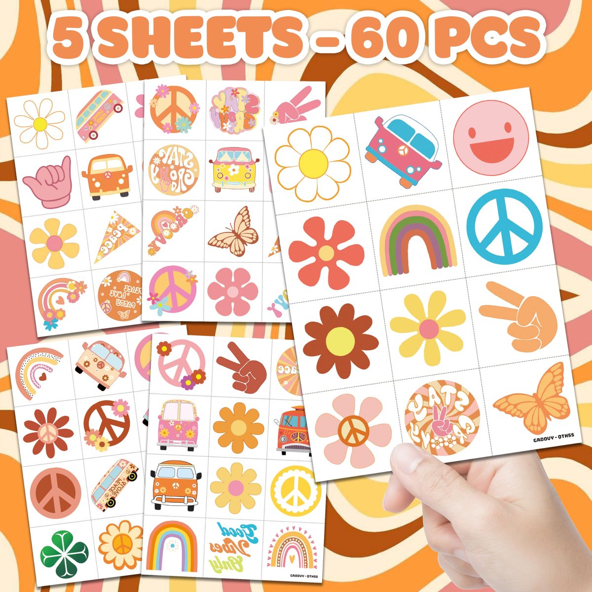 60 PCS Groovy Temporary Tattoos for Kids - Pre-Cut Retro 60s 70s Hippie Theme Birthday Party Favors & Supplies - Rainbow Flower Power Waterproof Stickers for Girls, Boys & School Prizes - görsel 5