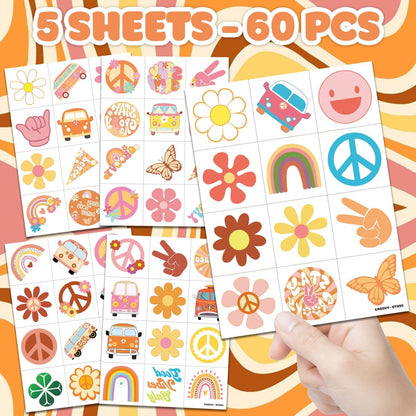 60 PCS Groovy Temporary Tattoos for Kids - Pre-Cut Retro 60s 70s Hippie Theme Birthday Party Favors & Supplies - Rainbow Flower Power Waterproof Stickers for Girls, Boys & School Prizes
