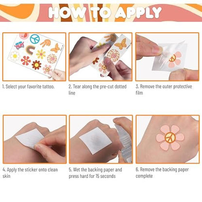 60 PCS Groovy Temporary Tattoos for Kids - Pre-Cut Retro 60s 70s Hippie Theme Birthday Party Favors & Supplies - Rainbow Flower Power Waterproof Stickers for Girls, Boys & School Prizes
