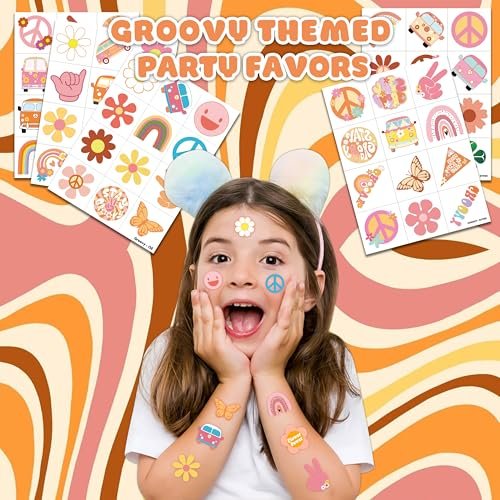 60 PCS Groovy Temporary Tattoos for Kids - Pre-Cut Retro 60s 70s Hippie Theme Birthday Party Favors & Supplies - Rainbow Flower Power Waterproof Stickers for Girls, Boys & School Prizes - görsel 4