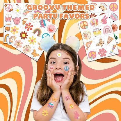 60 PCS Groovy Temporary Tattoos for Kids - Pre-Cut Retro 60s 70s Hippie Theme Birthday Party Favors & Supplies - Rainbow Flower Power Waterproof Stickers for Girls, Boys & School Prizes