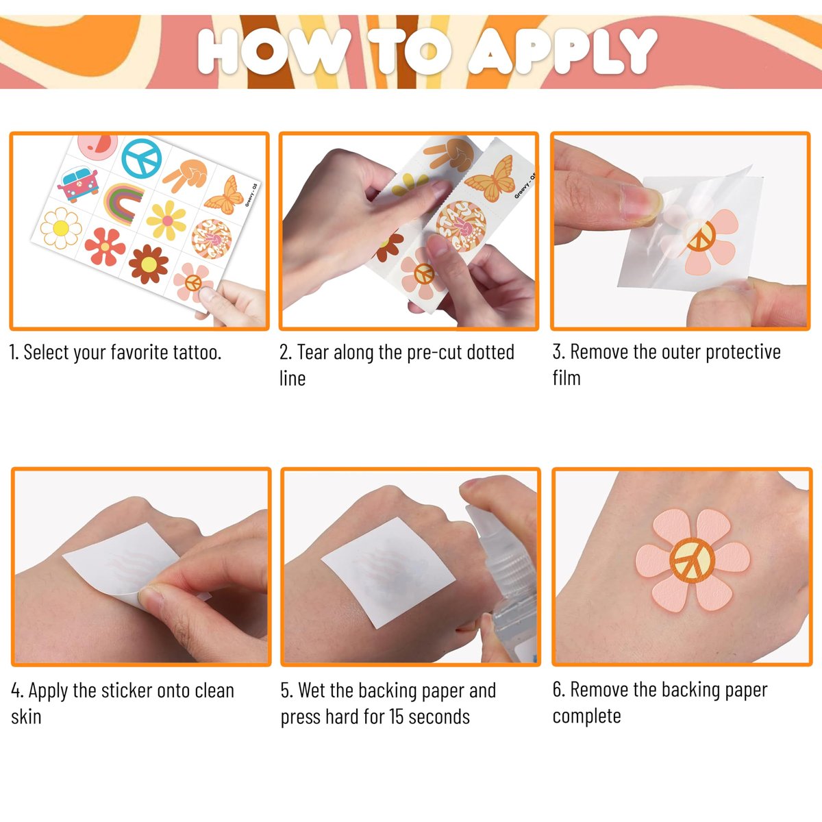 60 PCS Groovy Temporary Tattoos for Kids - Pre-Cut Retro 60s 70s Hippie Theme Birthday Party Favors & Supplies - Rainbow Flower Power Waterproof Stickers for Girls, Boys & School Prizes - görsel 9