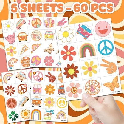60 PCS Groovy Temporary Tattoos for Kids - Pre-Cut Retro 60s 70s Hippie Theme Birthday Party Favors & Supplies - Rainbow Flower Power Waterproof Stickers for Girls, Boys & School Prizes