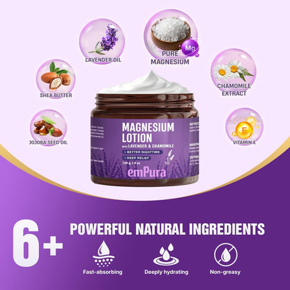 EMPURA Magnesium Lotion with Lavender & Chamomile – Fast Absorbing Magnesium Cream for Relaxation & Muscle Relief, Hand Leg or Foot Lotion, Self Care Gifts for Women (4oz)