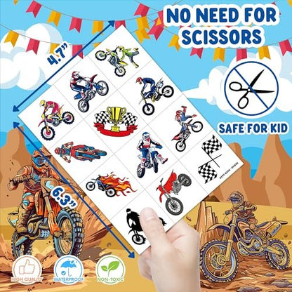 60 PCS Dirt Bike Temporary Tattoos for Kids - Waterproof Fake Tattoo Stickers (5 Sheets) - Motocross Racing Birthday Party Supplies, Favors & Goodie Bag Stuffers for Boys