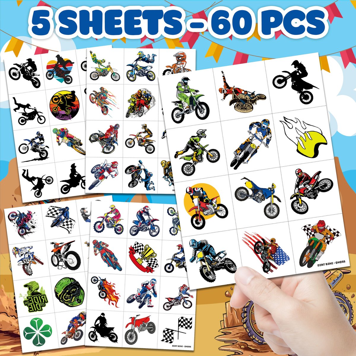 60 PCS Dirt Bike Temporary Tattoos for Kids - Waterproof Fake Tattoo Stickers (5 Sheets) - Motocross Racing Birthday Party Supplies, Favors & Goodie Bag Stuffers for Boys - görsel 5