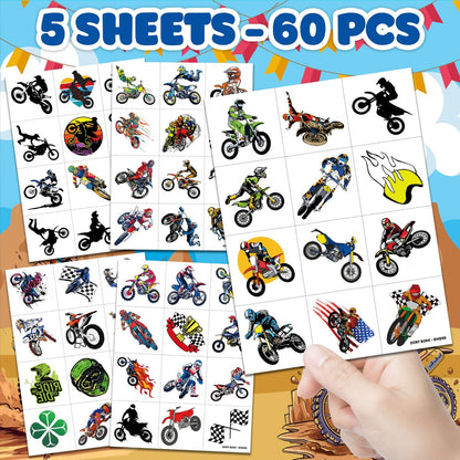 60 PCS Dirt Bike Temporary Tattoos for Kids - Waterproof Fake Tattoo Stickers (5 Sheets) - Motocross Racing Birthday Party Supplies, Favors & Goodie Bag Stuffers for Boys