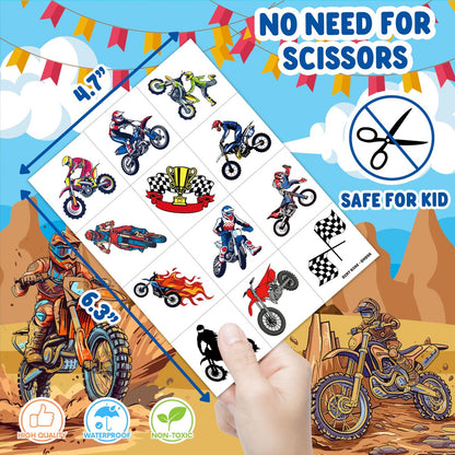 60 PCS Dirt Bike Temporary Tattoos for Kids - Waterproof Fake Tattoo Stickers (5 Sheets) - Motocross Racing Birthday Party Supplies, Favors & Goodie Bag Stuffers for Boys