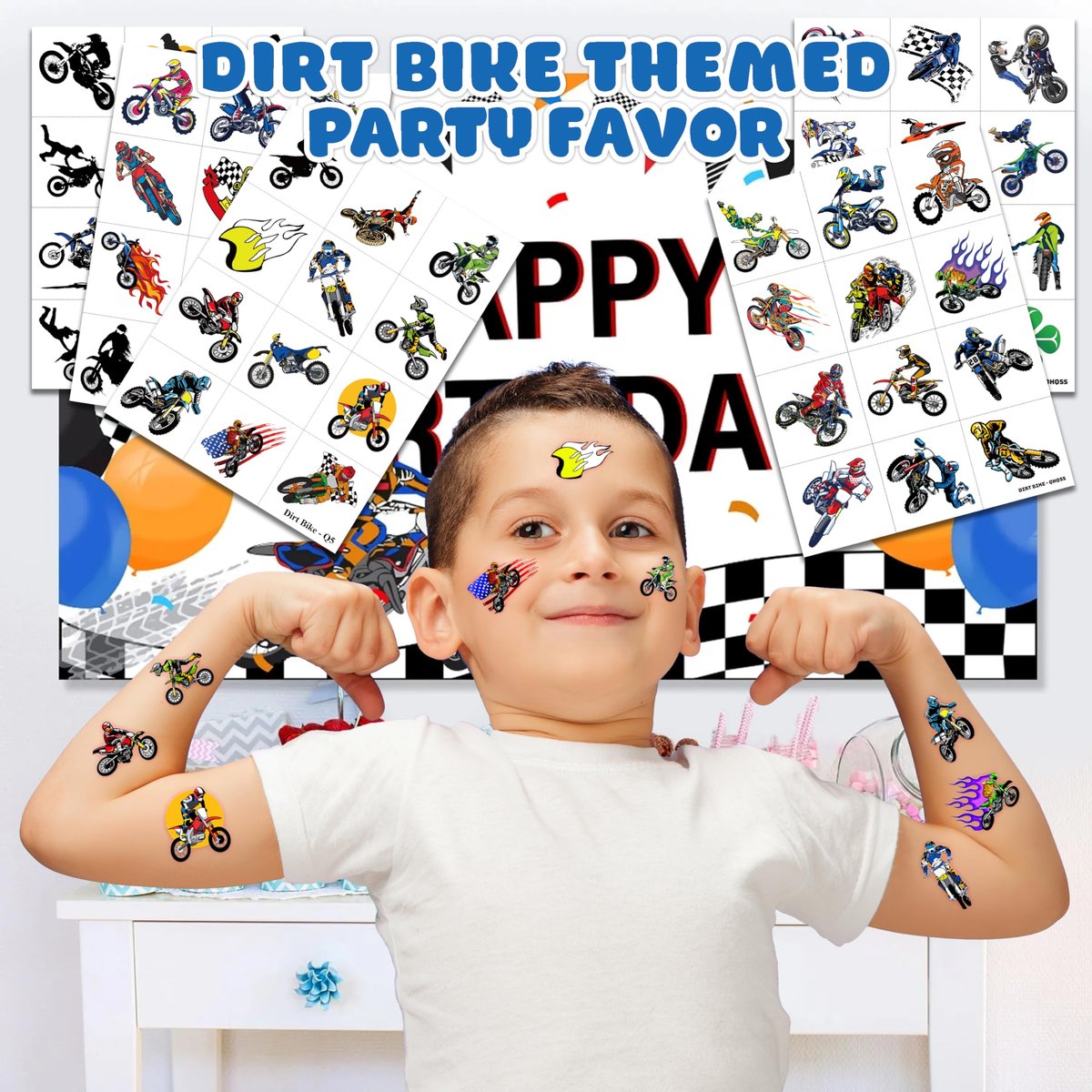 60 PCS Dirt Bike Temporary Tattoos for Kids - Waterproof Fake Tattoo Stickers (5 Sheets) - Motocross Racing Birthday Party Supplies, Favors & Goodie Bag Stuffers for Boys - görsel 3