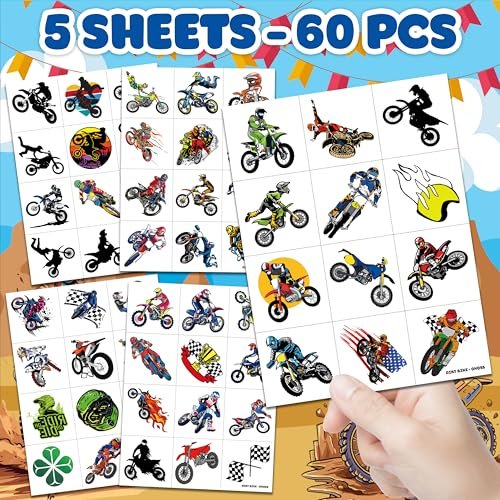 60 PCS Dirt Bike Temporary Tattoos for Kids - Waterproof Fake Tattoo Stickers (5 Sheets) - Motocross Racing Birthday Party Supplies, Favors & Goodie Bag Stuffers for Boys - görsel 6