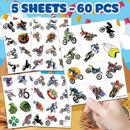 60 PCS Dirt Bike Temporary Tattoos for Kids - Waterproof Fake Tattoo Stickers (5 Sheets) - Motocross Racing Birthday Party Supplies, Favors & Goodie Bag Stuffers for Boys