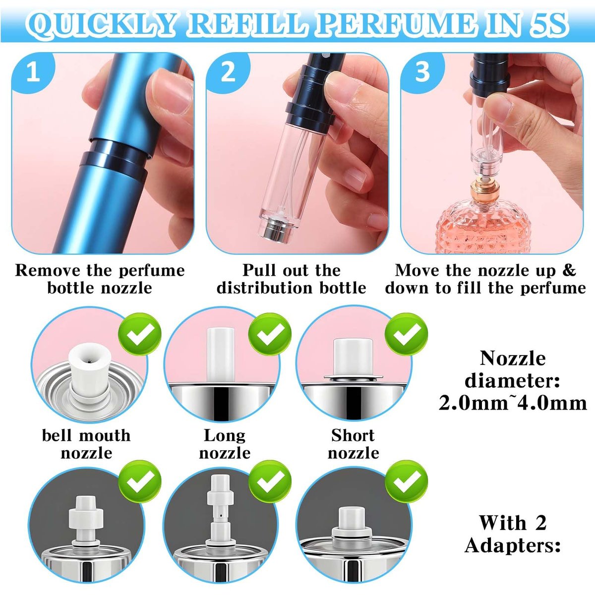 IANFAN 2-Pack Mini Refillable Perfume Atomizer 5ml - Leakproof Travel Cologne Spray Bottle, Empty Dispenser for Outgoing & Traveling - Black & Blue Aluminum - görsel 5