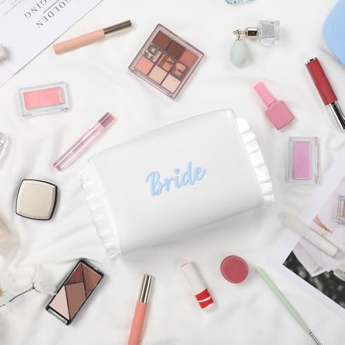 Etercycle Bride Cosmetic Bag - White Satin Bridal Makeup Bag with Exquisite Blue Embroidery, Ruffle Toiletry Bag for Engagement Wedding Bridesmaid Bachelorette Party - görsel 4