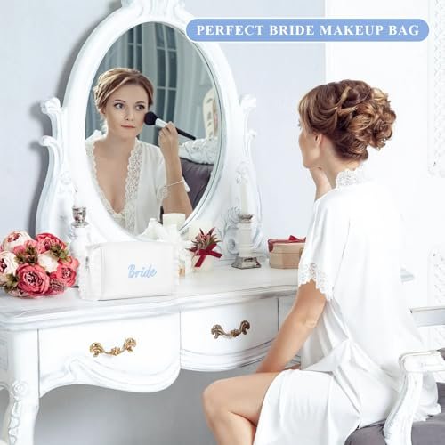Etercycle Bride Cosmetic Bag - White Satin Bridal Makeup Bag with Exquisite Blue Embroidery, Ruffle Toiletry Bag for Engagement Wedding Bridesmaid Bachelorette Party - görsel 12