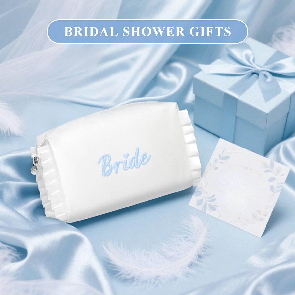 Etercycle Bride Cosmetic Bag - White Satin Bridal Makeup Bag with Exquisite Blue Embroidery, Ruffle Toiletry Bag for Engagement Wedding Bridesmaid Bachelorette Party - görsel 13