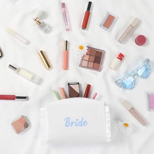 Etercycle Bride Cosmetic Bag - White Satin Bridal Makeup Bag with Exquisite Blue Embroidery, Ruffle Toiletry Bag for Engagement Wedding Bridesmaid Bachelorette Party - görsel 6