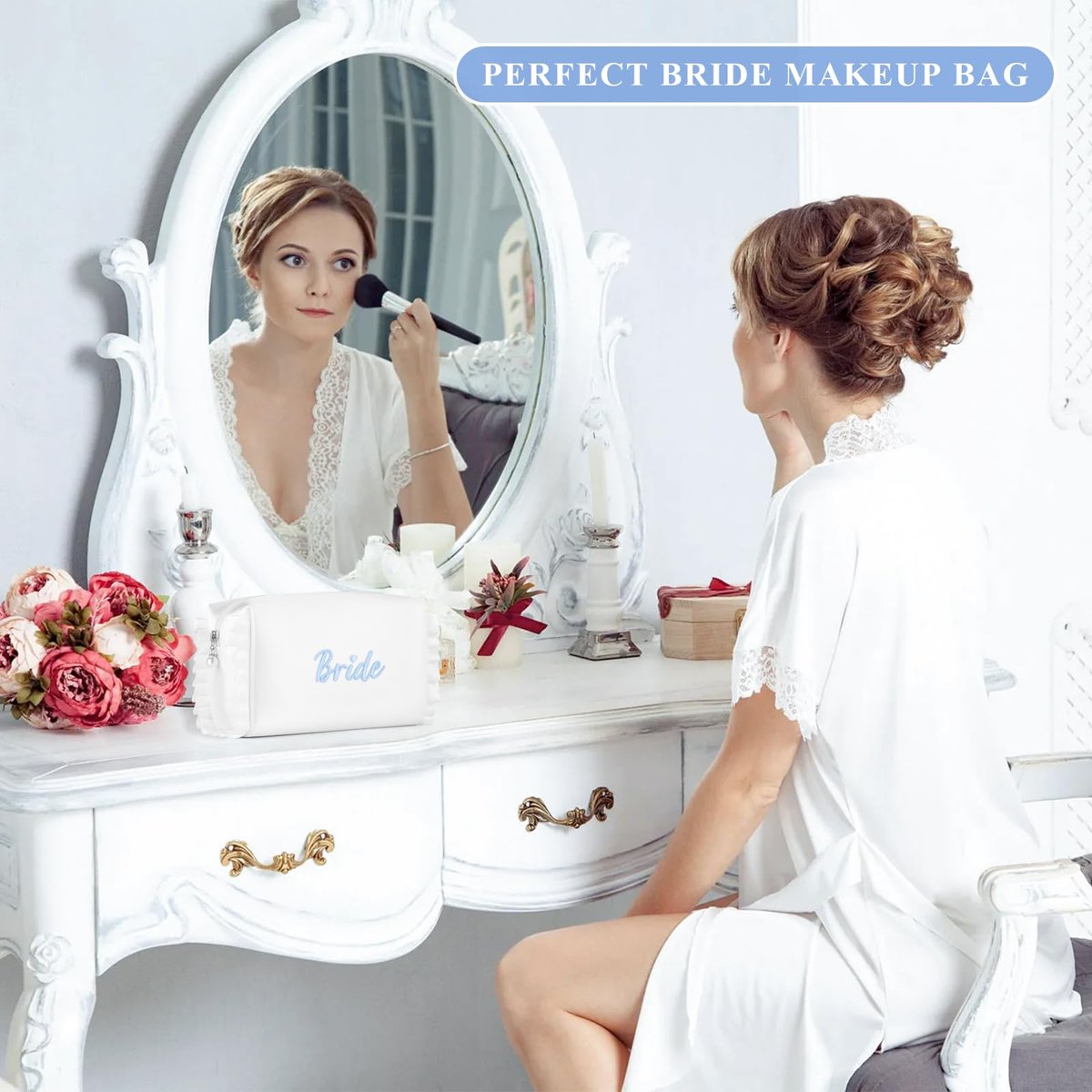 Etercycle Bride Cosmetic Bag - White Satin Bridal Makeup Bag with Exquisite Blue Embroidery, Ruffle Toiletry Bag for Engagement Wedding Bridesmaid Bachelorette Party - görsel 11
