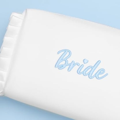 Etercycle Bride Cosmetic Bag - White Satin Bridal Makeup Bag with Exquisite Blue Embroidery, Ruffle Toiletry Bag for Engagement Wedding Bridesmaid Bachelorette Party